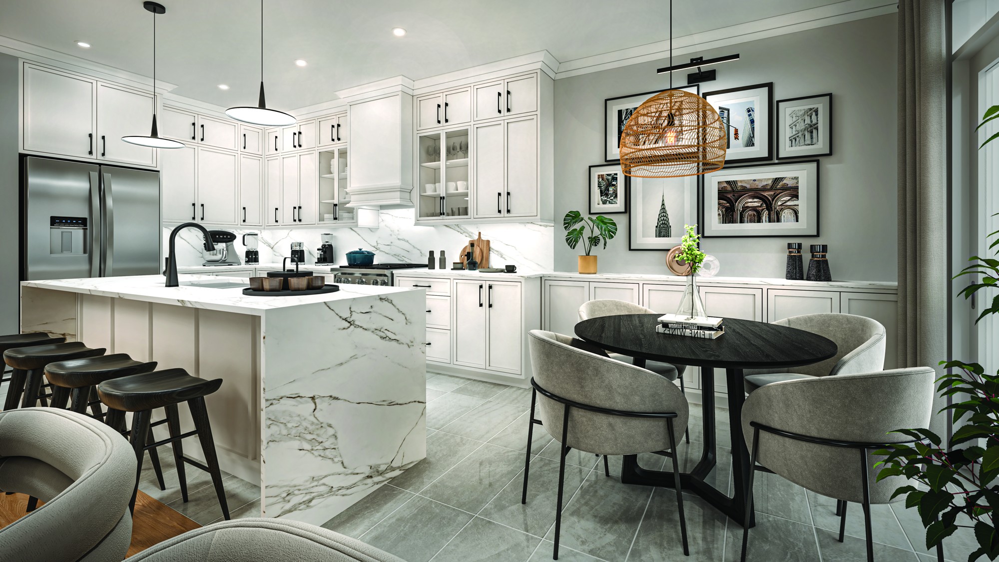 Builder supplied kitchen and dining area rendering